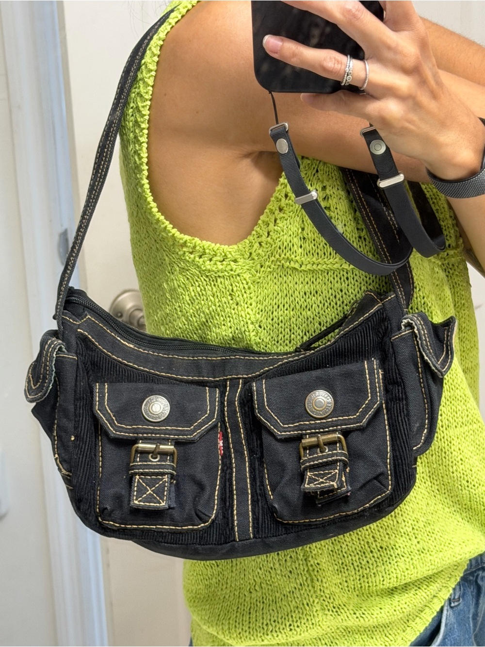 Vintage Levi's Black Shoulder Bag with Brass Hardware